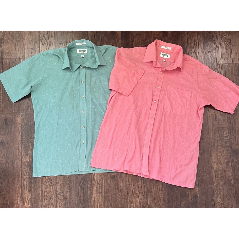2-Vintage 1980s Sea Isle by Arrow Poly Cotton Mens L Green‎ Pink S/S Button Down